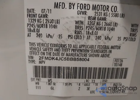 2011 Ford Edge Sel from USA, damaged, VIN 2FMDK4JC5BBB58004